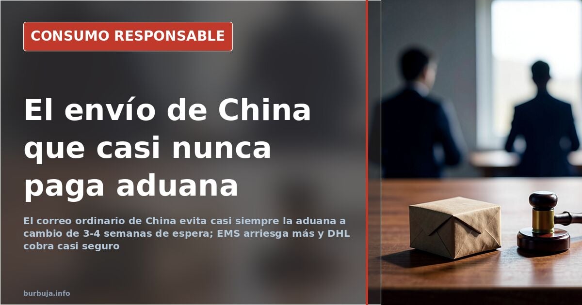 Paquete de cartón con etiqueta de envío internacional procedente de China sobre fondo neutro