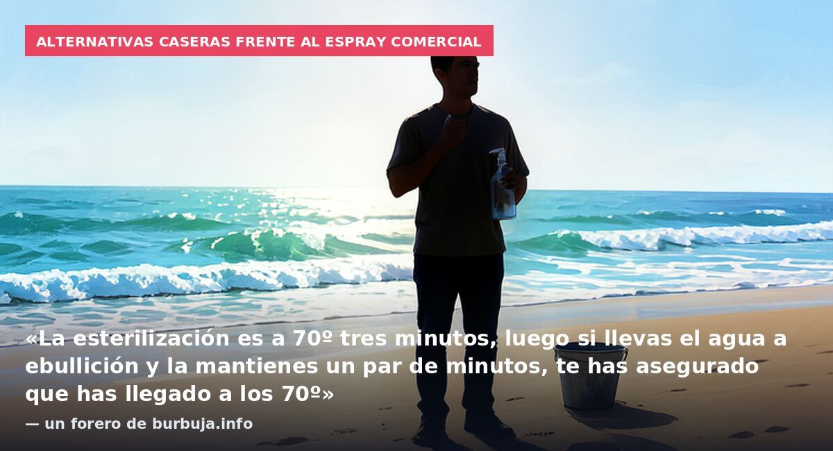 Alternativas caseras frente al espray comercial: «La esterilización es a 70º tres minutos, luego si llevas el agua a ebullición y la mantienes un par de minutos, te has asegurado que has llegado a los 70º» — un forero de burbuja.info