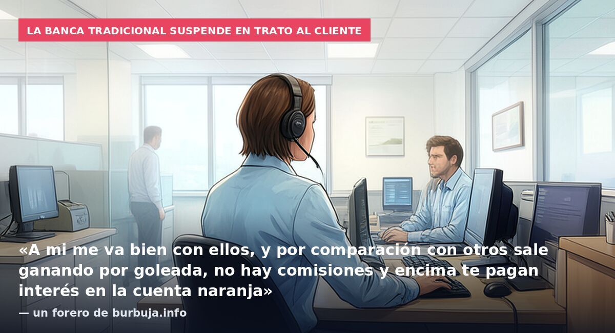 La banca tradicional suspende en trato al cliente: «A mi me va bien con ellos, y por comparación con otros sale ganando por goleada, no hay comisiones y encima te pagan interés en la cuenta naranja» — un forero de burbuja.info