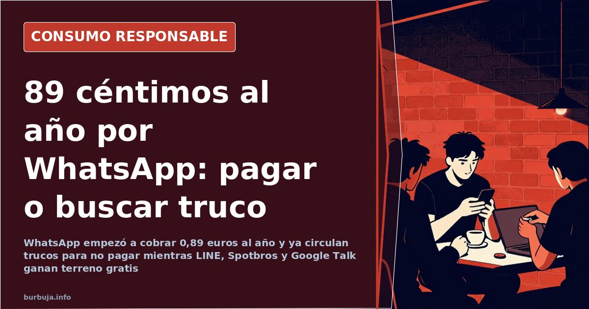 Pantalla de un teléfono móvil mostrando el aviso de pago anual de WhatsApp junto a los iconos de aplicaciones de mensajería a