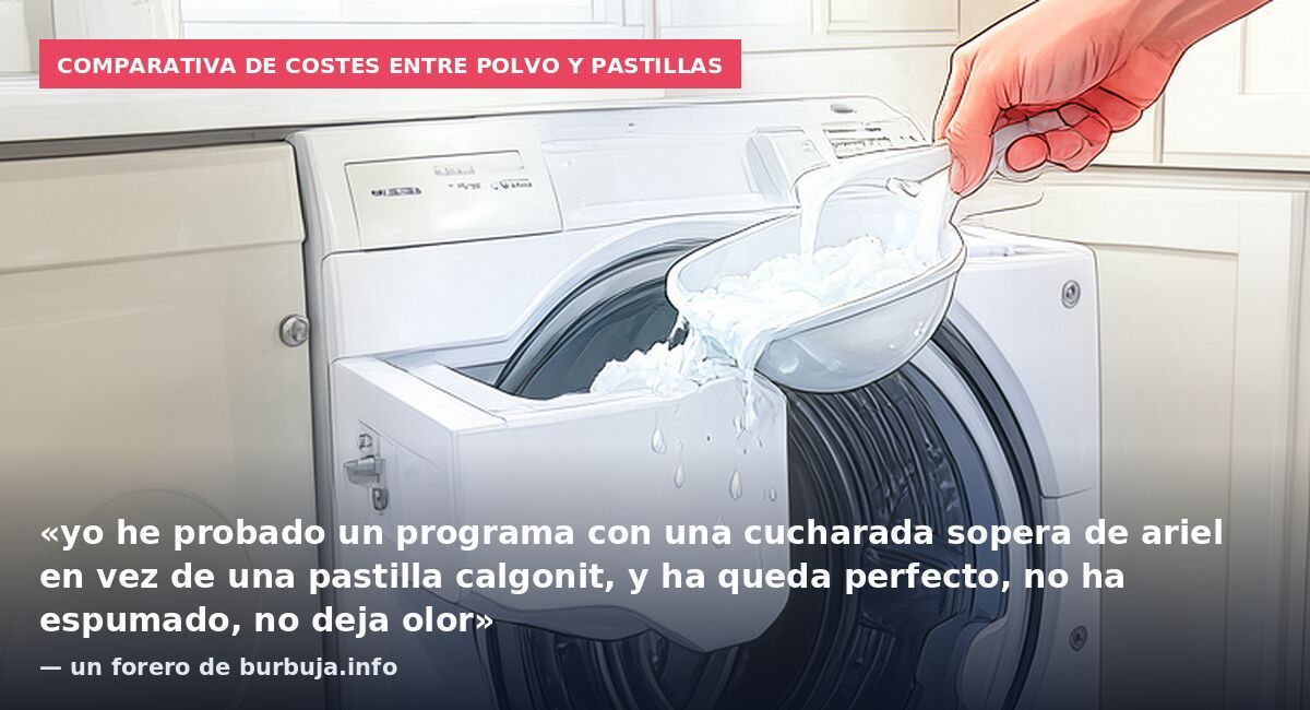 Comparativa de costes entre polvo y pastillas: «yo he probado un programa con una cucharada sopera de ariel en vez de una pastilla calgonit, y ha queda perfecto, no ha espumado, no deja olor» — un forero de burbuja.info