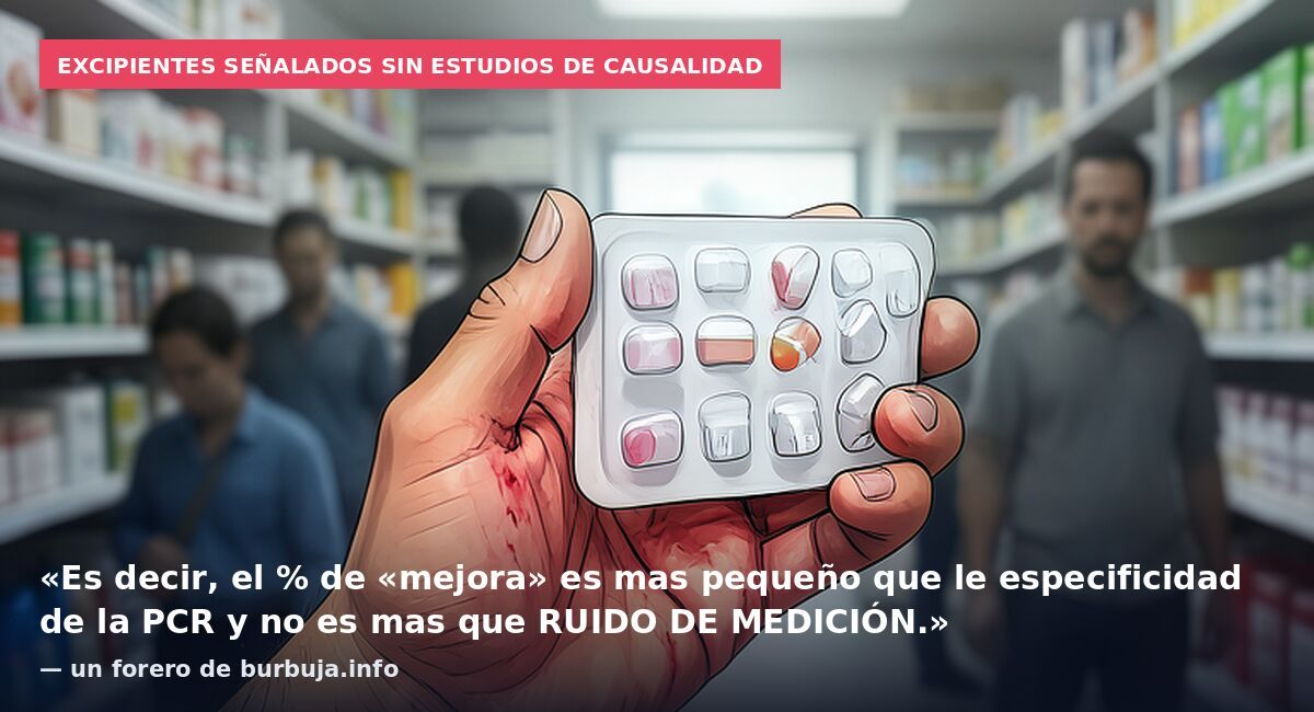 Excipientes señalados sin estudios de causalidad: «Es decir, el % de «mejora» es mas pequeño que le especificidad de la PCR y no es mas que RUIDO DE MEDICIÓN.» — un forero de burbuja.info