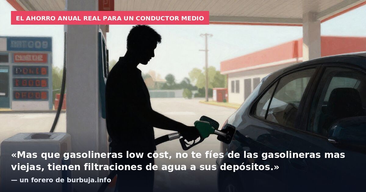 El ahorro anual real para un conductor medio: «Mas que gasolineras low cost, no te fíes de las gasolineras mas viejas, tienen filtraciones de agua a sus depósitos.» — un forero de burbuja.info