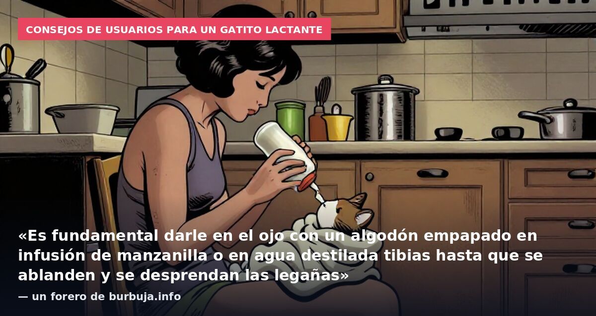 Consejos de usuarios para un gatito lactante: «Es fundamental darle en el ojo con un algodón empapado en infusión de manzanilla o en agua destilada tibias hasta que se ablanden y se desprendan las legañas» — un forero de burbuja.info