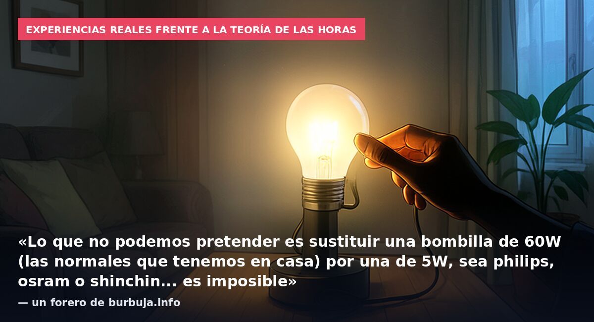 Experiencias reales frente a la teoría de las horas: «Lo que no podemos pretender es sustituir una bombilla de 60W (las normales que tenemos en casa) por una de 5W, sea philips, osram o shinchin... es imposible» — un forero de burbuja.info