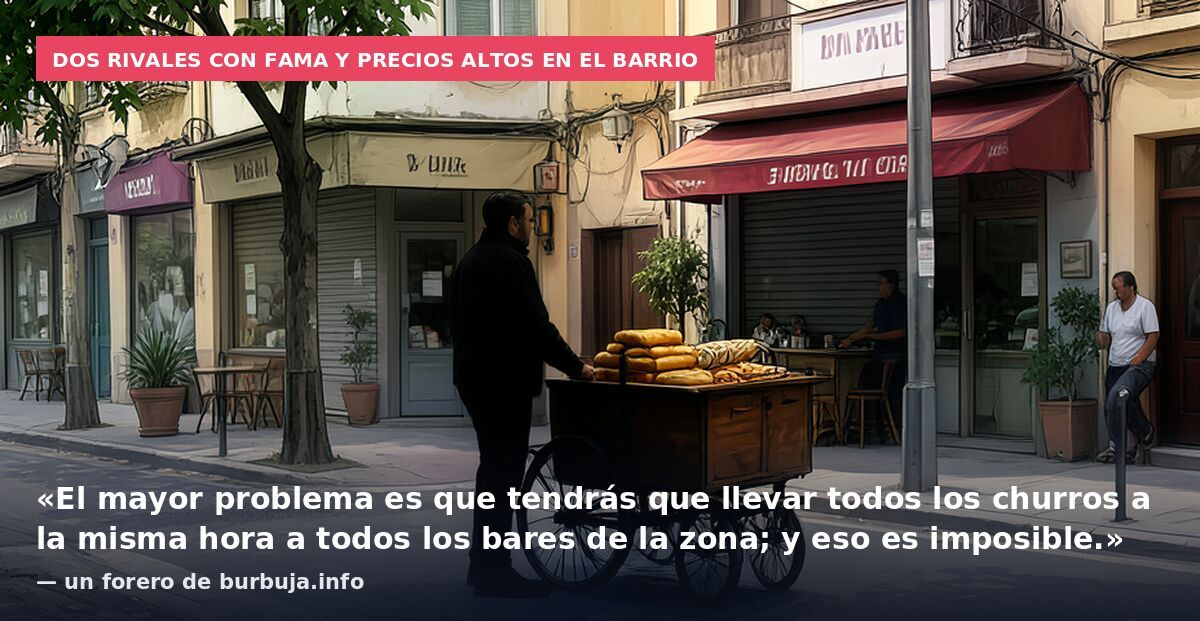 Dos rivales con fama y precios altos en el barrio: «El mayor problema es que tendrás que llevar todos los churros a la misma hora a todos los bares de la zona; y eso es imposible.» — un forero de burbuja.info