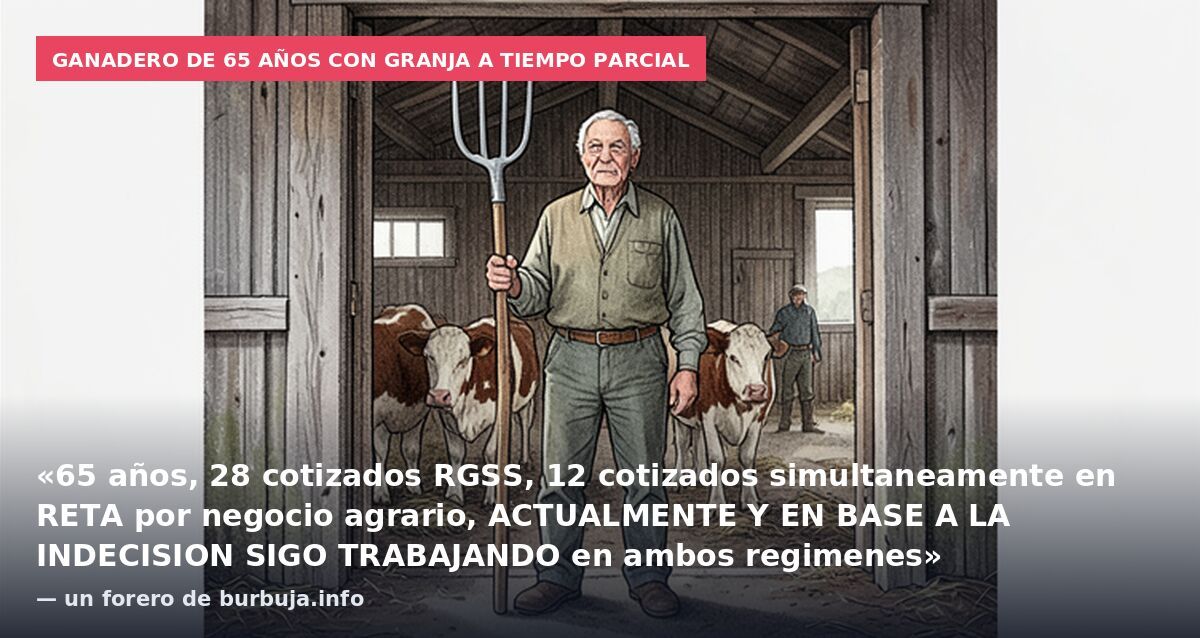 Ganadero de 65 años con granja a tiempo parcial: «65 años, 28 cotizados RGSS, 12 cotizados simultaneamente en RETA por negocio agrario, ACTUALMENTE Y EN BASE A LA INDECISION SIGO TRABAJANDO en ambos regimenes» — un forero de burbuja.info