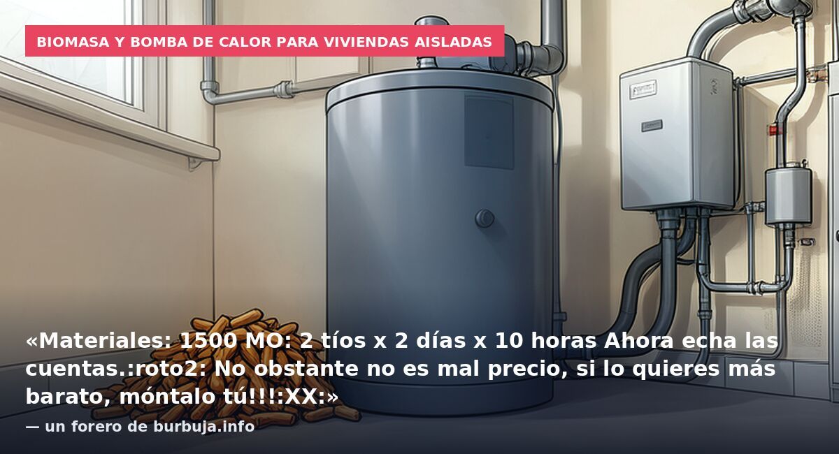 Biomasa y bomba de calor para viviendas aisladas: «Materiales: 1500 MO: 2 tíos x 2 días x 10 horas Ahora echa las cuentas.:roto2: No obstante no es mal precio, si lo quieres más barato, móntalo tú!!!:XX:» — un forero de burbuja.info