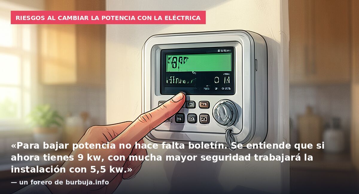 Riesgos al cambiar la potencia con la eléctrica: «Para bajar potencia no hace falta boletín. Se entiende que si ahora tienes 9 kw, con mucha mayor seguridad trabajará la instalación con 5,5 kw.» — un forero de burbuja.info