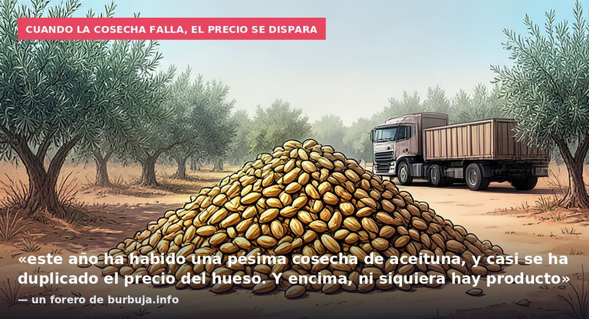 Cuando la cosecha falla, el precio se dispara: «este año ha habido una pésima cosecha de aceituna, y casi se ha duplicado el precio del hueso. Y encima, ni siquiera hay producto» — un forero de burbuja.info