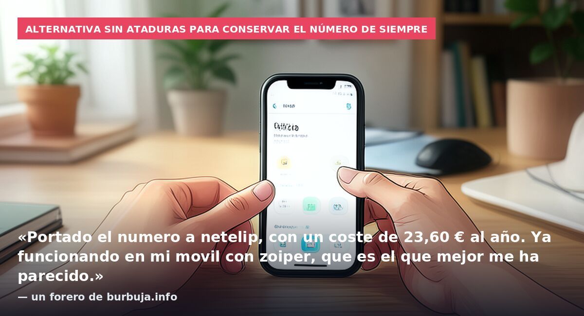 Alternativa sin ataduras para conservar el número de siempre: «Portado el numero a netelip, con un coste de 23,60 € al año. Ya funcionando en mi movil con zoiper, que es el que mejor me ha parecido.» — un forero de burbuja.info