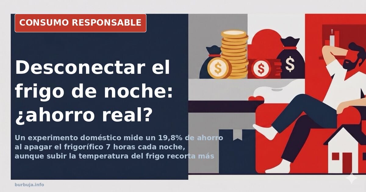 Frigorífico doméstico abierto de noche junto a un programador horario que corta la corriente del compresor