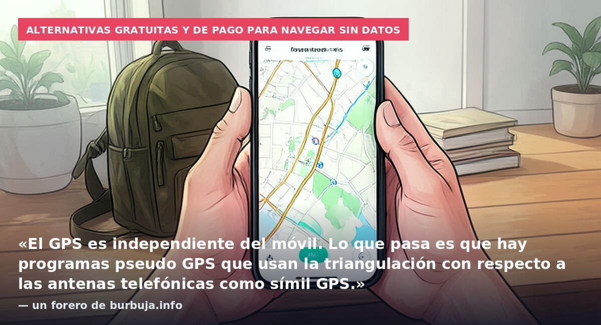 Alternativas gratuitas y de pago para navegar sin datos: «El GPS es independiente del móvil. Lo que pasa es que hay programas pseudo GPS que usan la triangulación con respecto a las antenas telefónicas como símil GPS.» — un forero de burbuja.info