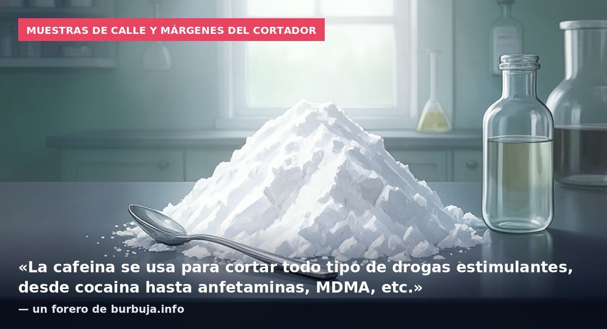 Muestras de calle y márgenes del cortador: «La cafeina se usa para cortar todo tipo de drogas estimulantes, desde cocaina hasta anfetaminas, MDMA, etc.» — un forero de burbuja.info