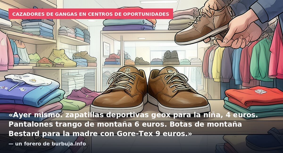 Cazadores de gangas en centros de oportunidades: «Ayer mismo. zapatillas deportivas geox para la niña, 4 euros. Pantalones trango de montaña 6 euros. Botas de montaña Bestard para la madre con Gore-Tex 9 euros.» — un forero de burbuja.info