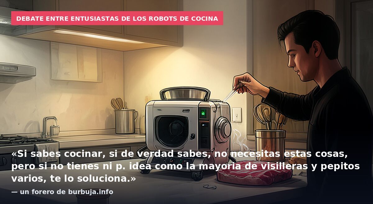 Debate entre entusiastas de los robots de cocina: «Si sabes cocinar, si de verdad sabes, no necesitas estas cosas, pero si no tienes ni p. idea como la mayoria de visilleras y pepitos varios, te lo soluciona.» — un forero de burbuja.info