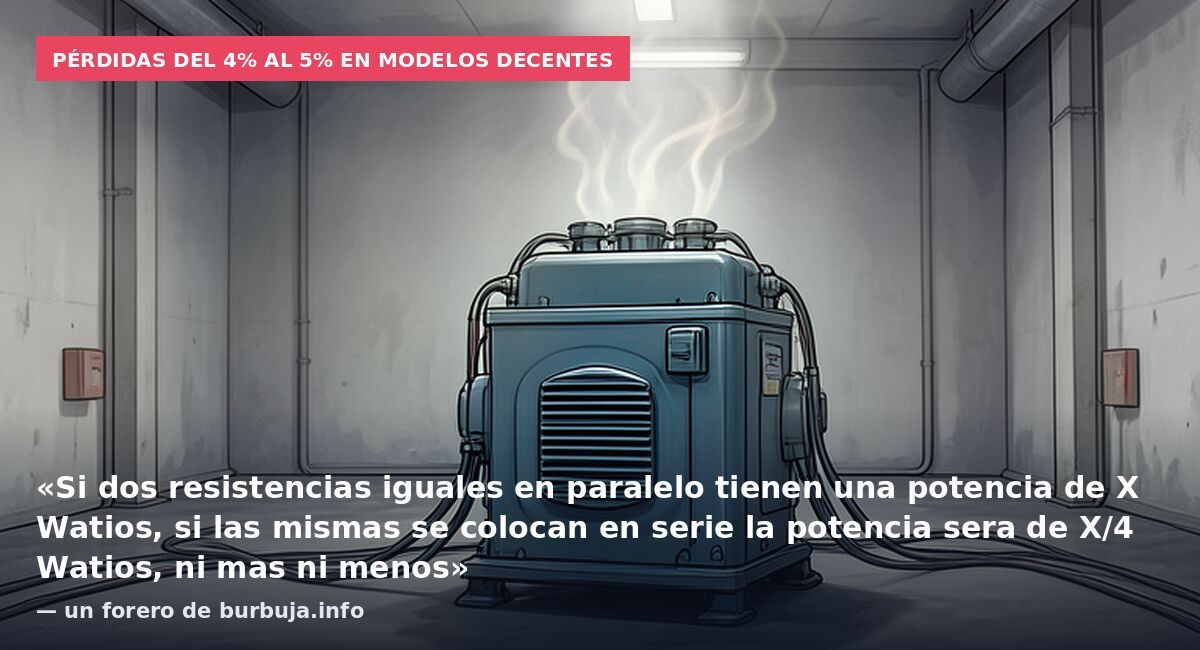 Pérdidas del 4% al 5% en modelos decentes: «Si dos resistencias iguales en paralelo tienen una potencia de X Watios, si las mismas se colocan en serie la potencia sera de X/4 Watios, ni mas ni menos» — un forero de burbuja.info