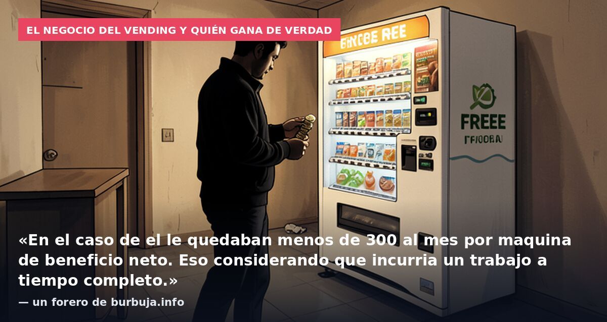 El negocio del vending y quién gana de verdad: «En el caso de el le quedaban menos de 300 al mes por maquina de beneficio neto. Eso considerando que incurria un trabajo a tiempo completo.» — un forero de burbuja.info