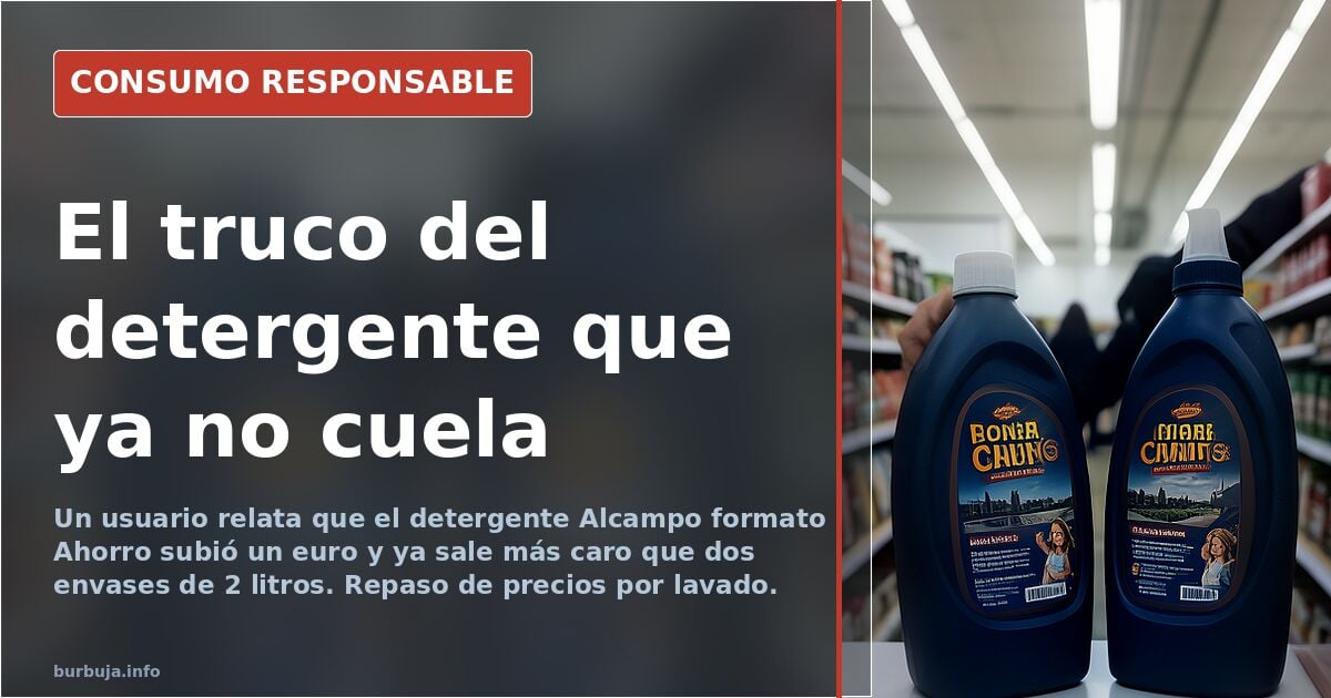 Garrafa de detergente líquido para lavadora junto a envase pequeño en estantería de supermercado
