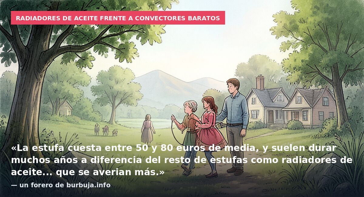 Radiadores de aceite frente a convectores baratos: «La estufa cuesta entre 50 y 80 euros de media, y suelen durar muchos años a diferencia del resto de estufas como radiadores de aceite... que se averian más.» — un forero de burbuja.info