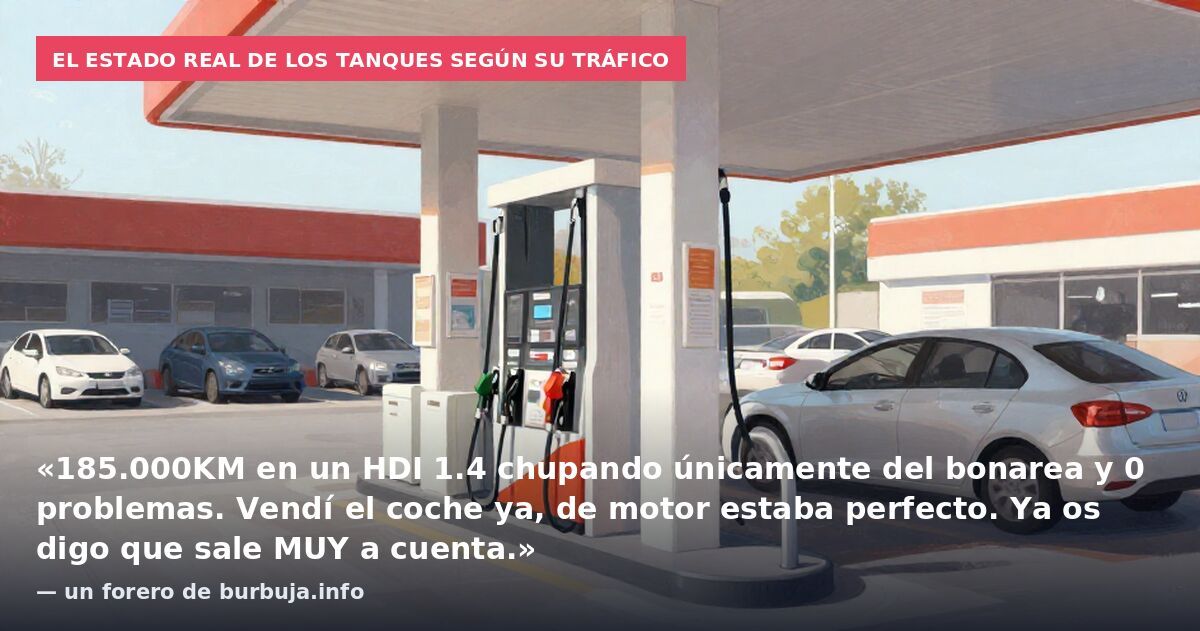 El estado real de los tanques según su tráfico: «185.000KM en un HDI 1.4 chupando únicamente del bonarea y 0 problemas. Vendí el coche ya, de motor estaba perfecto. Ya os digo que sale MUY a cuenta.» — un forero de burbuja.info