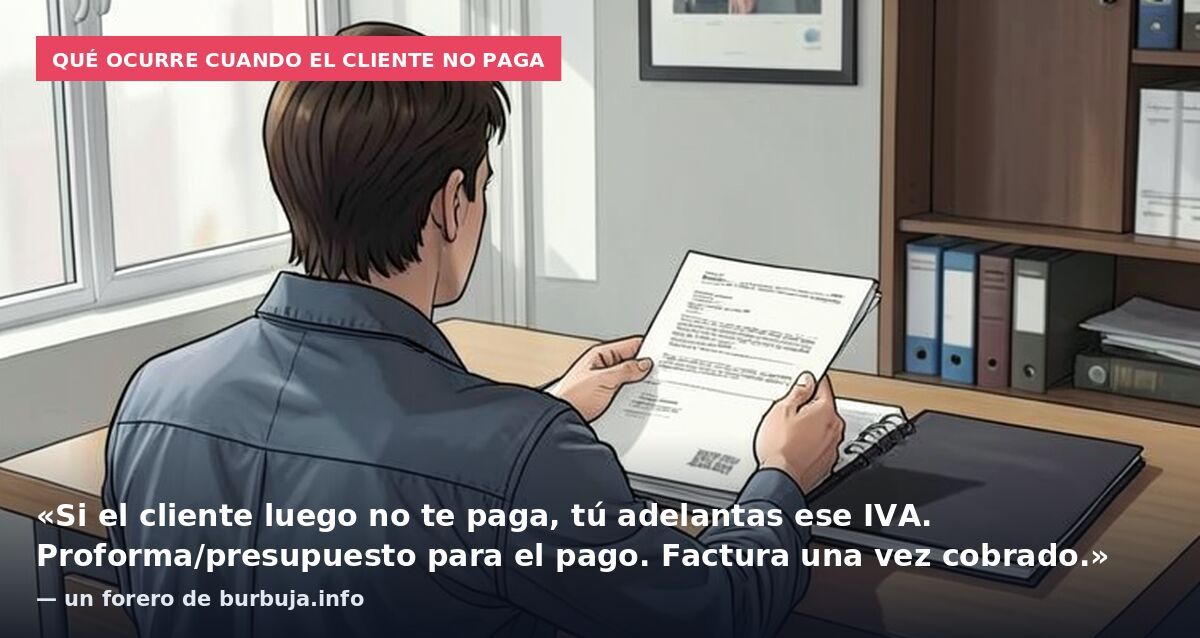 Qué ocurre cuando el cliente no paga: «Si el cliente luego no te paga, tú adelantas ese IVA. Proforma/presupuesto para el pago. Factura una vez cobrado.» — un forero de burbuja.info