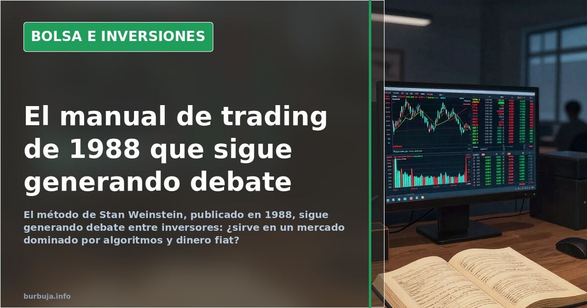 Gráfico de velas japonesas en terminal financiera con líneas de tendencia y volumen, representando el método de Stan Weinstei