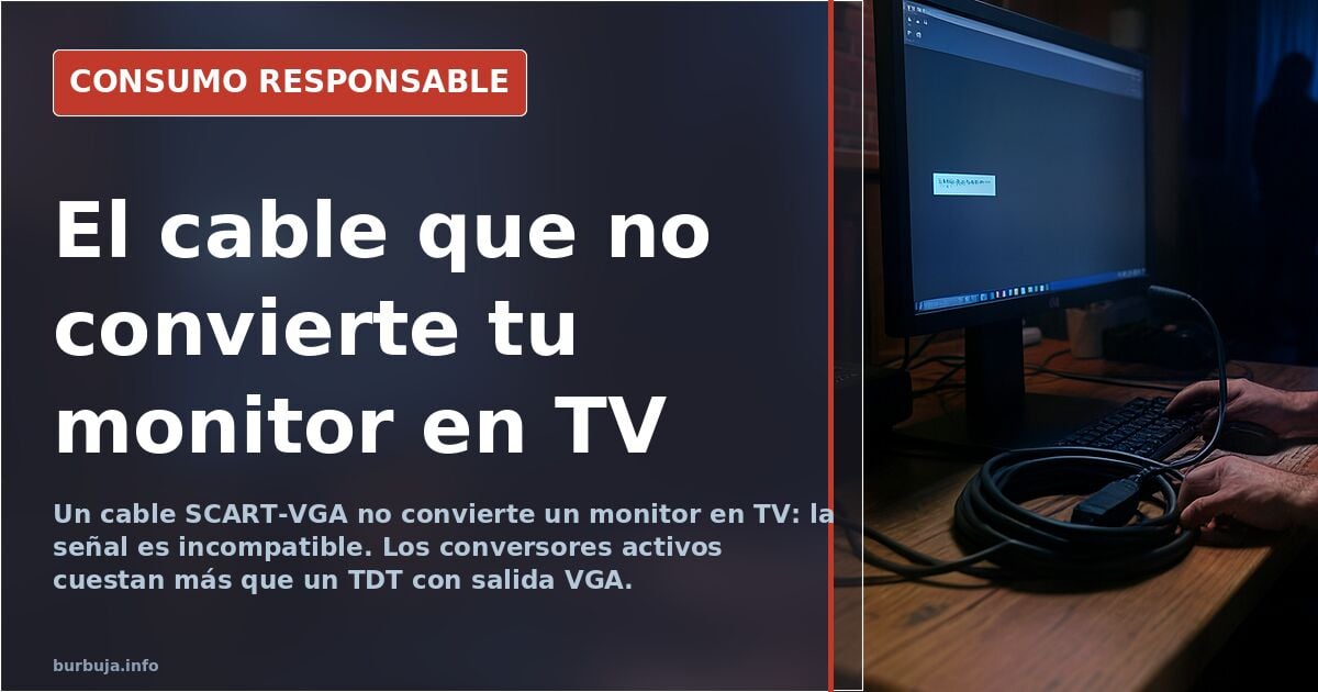 Monitor de PC con cables VGA y euroconector sobre una mesa, intentando conectarlo a un receptor TDT