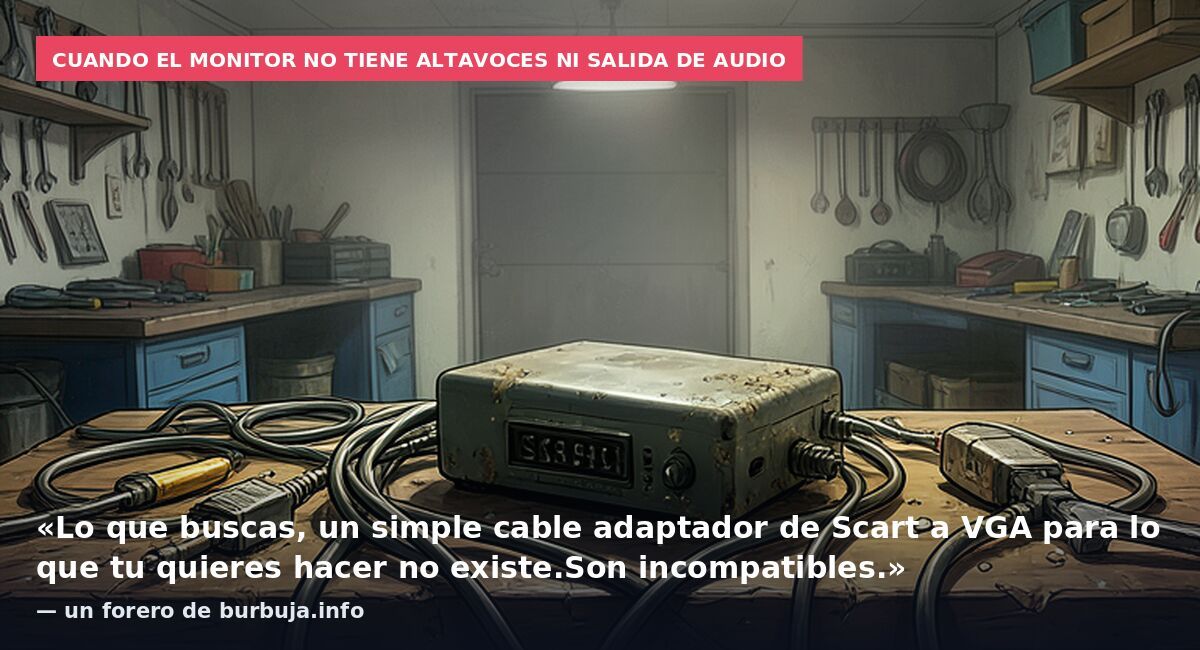 Cuando el monitor no tiene altavoces ni salida de audio: «Lo que buscas, un simple cable adaptador de Scart a VGA para lo que tu quieres hacer no existe.Son incompatibles.» — un forero de burbuja.info