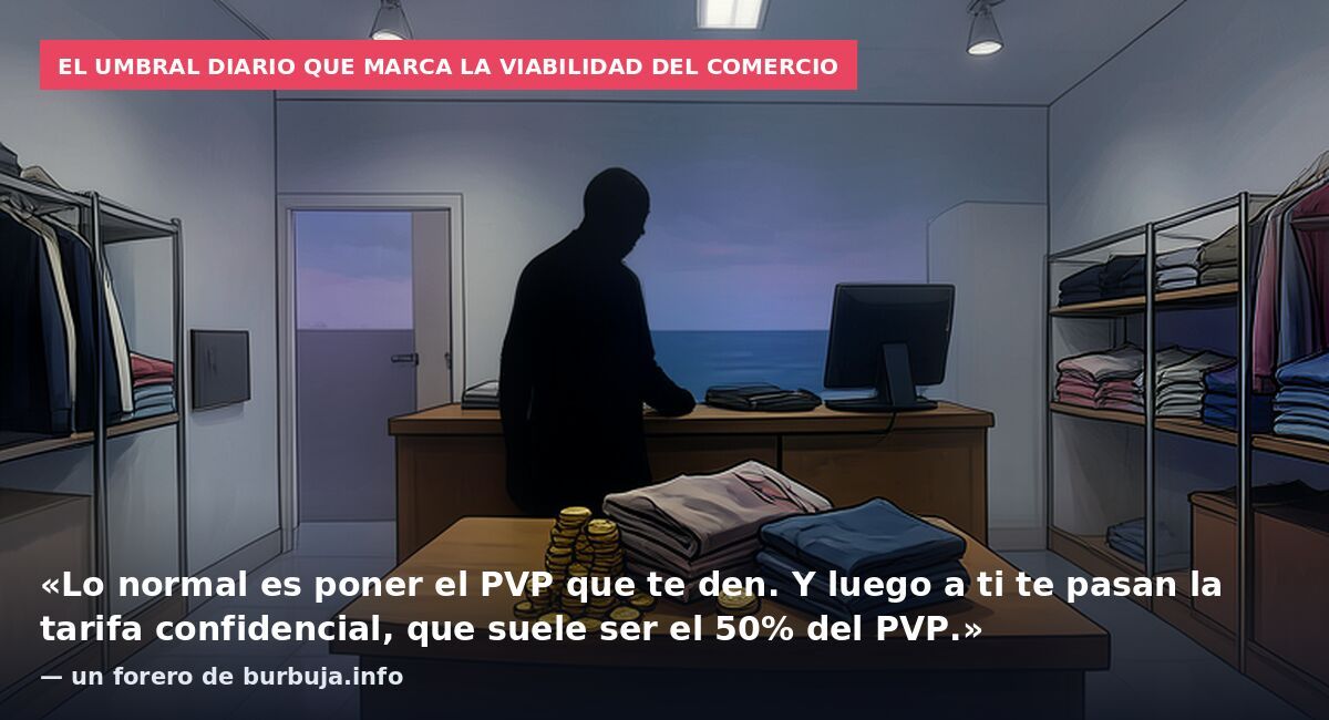 El umbral diario que marca la viabilidad del comercio: «Lo normal es poner el PVP que te den. Y luego a ti te pasan la tarifa confidencial, que suele ser el 50% del PVP.» — un forero de burbuja.info