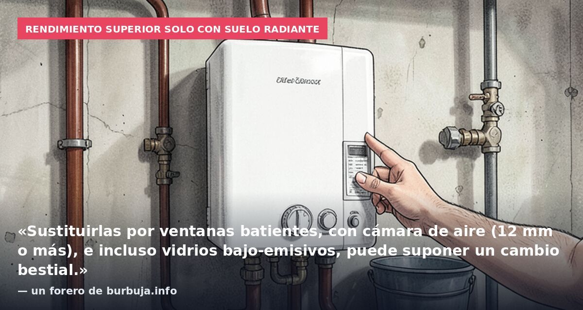 Rendimiento superior solo con suelo radiante: «Sustituirlas por ventanas batientes, con cámara de aire (12 mm o más), e incluso vidrios bajo-emisivos, puede suponer un cambio bestial.» — un forero de burbuja.info