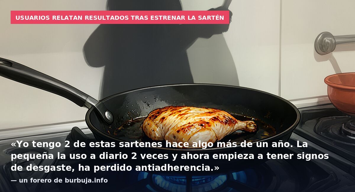Usuarios relatan resultados tras estrenar la sartén: «Yo tengo 2 de estas sartenes hace algo más de un año. La pequeña la uso a diario 2 veces y ahora empieza a tener signos de desgaste, ha perdido antiadherencia.» — un forero de burbuja.info