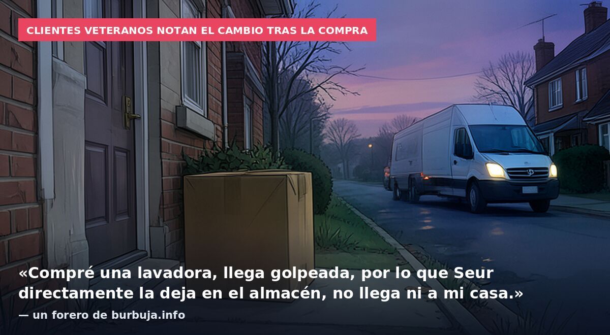 Clientes veteranos notan el cambio tras la compra: «Compré una lavadora, llega golpeada, por lo que Seur directamente la deja en el almacén, no llega ni a mi casa.» — un forero de burbuja.info