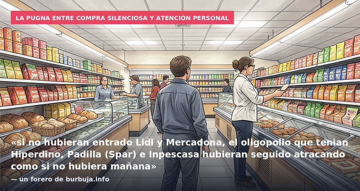 La pugna entre compra silenciosa y atención personal: «si no hubieran entrado Lidl y Mercadona, el oligopolio que tenian Hiperdino, Padilla (Spar) e Inpescasa hubieran seguido atracando como si no hubiera mañana» — un forero de burbuja.info