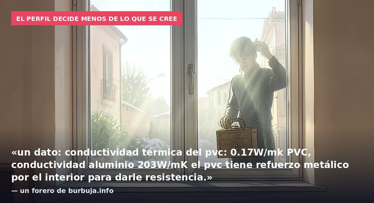 El perfil decide menos de lo que se cree: «un dato: conductividad térmica del pvc: 0.17W/mk PVC, conductividad aluminio 203W/mK el pvc tiene refuerzo metálico por el interior para darle resistencia.» — un forero de burbuja.info