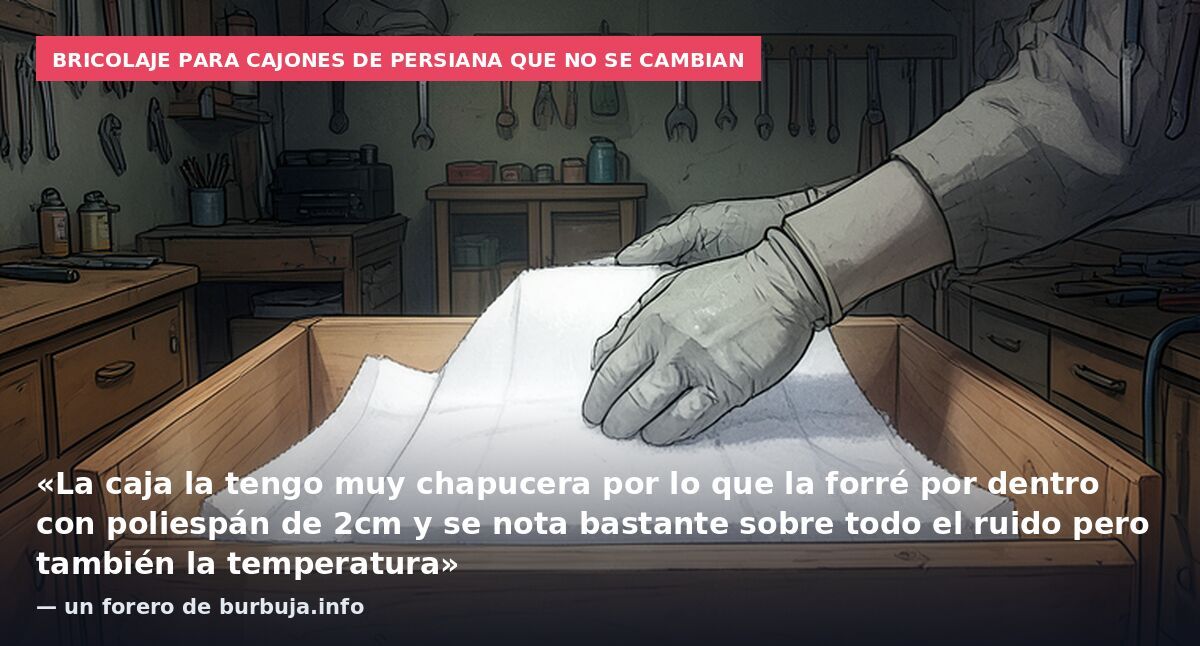 Bricolaje para cajones de persiana que no se cambian: «La caja la tengo muy chapucera por lo que la forré por dentro con poliespán de 2cm y se nota bastante sobre todo el ruido pero también la temperatura» — un forero de burbuja.info