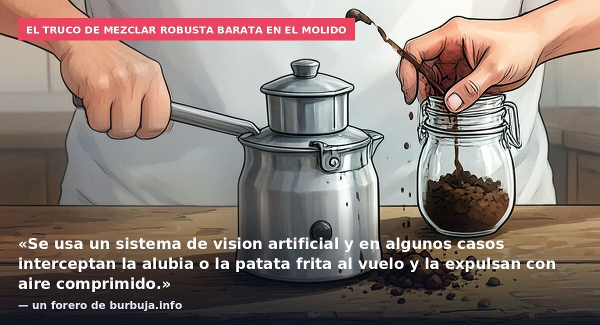 El truco de mezclar robusta barata en el molido: «Se usa un sistema de vision artificial y en algunos casos interceptan la alubia o la patata frita al vuelo y la expulsan con aire comprimido.» — un forero de burbuja.info