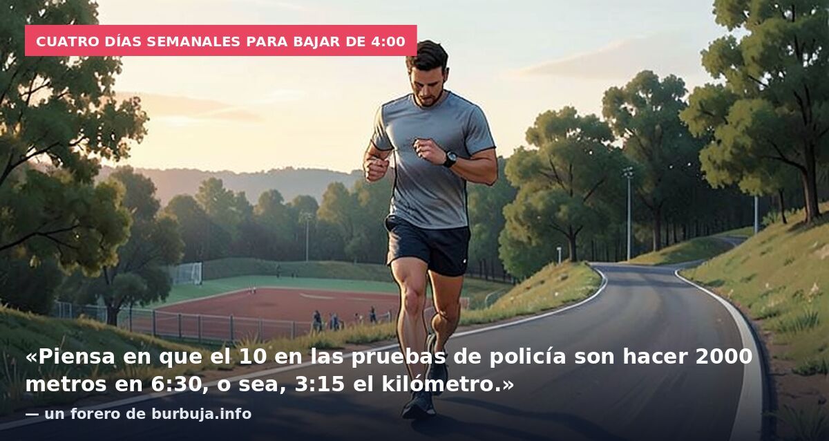 Cuatro días semanales para bajar de 4:00: «Piensa en que el 10 en las pruebas de policía son hacer 2000 metros en 6:30, o sea, 3:15 el kilómetro.» — un forero de burbuja.info