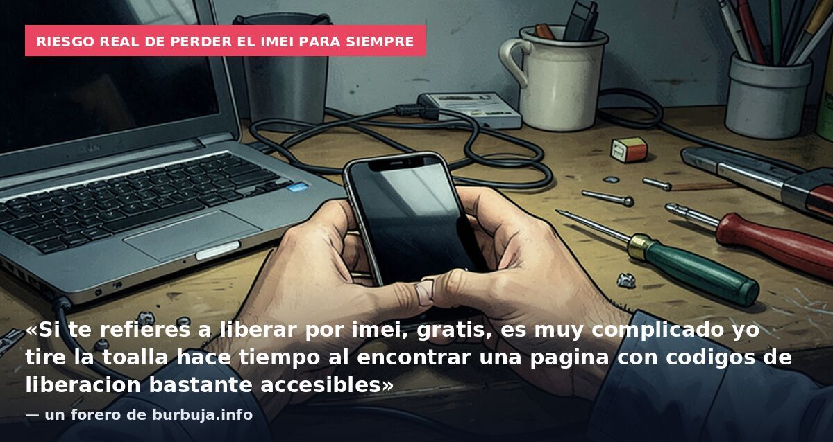 Riesgo real de perder el IMEI para siempre: «Si te refieres a liberar por imei, gratis, es muy complicado yo tire la toalla hace tiempo al encontrar una pagina con codigos de liberacion bastante accesibles» — un forero de burbuja.info