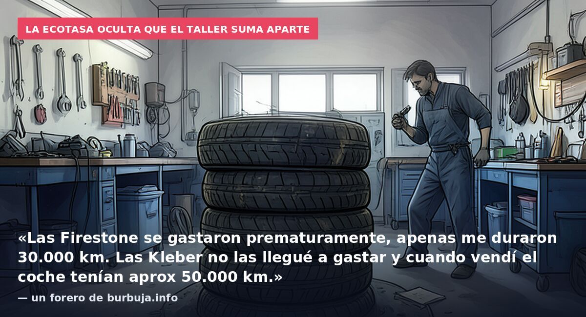 La ecotasa oculta que el taller suma aparte: «Las Firestone se gastaron prematuramente, apenas me duraron 30.000 km. Las Kleber no las llegué a gastar y cuando vendí el coche tenían aprox 50.000 km.» — un forero de burbuja.info