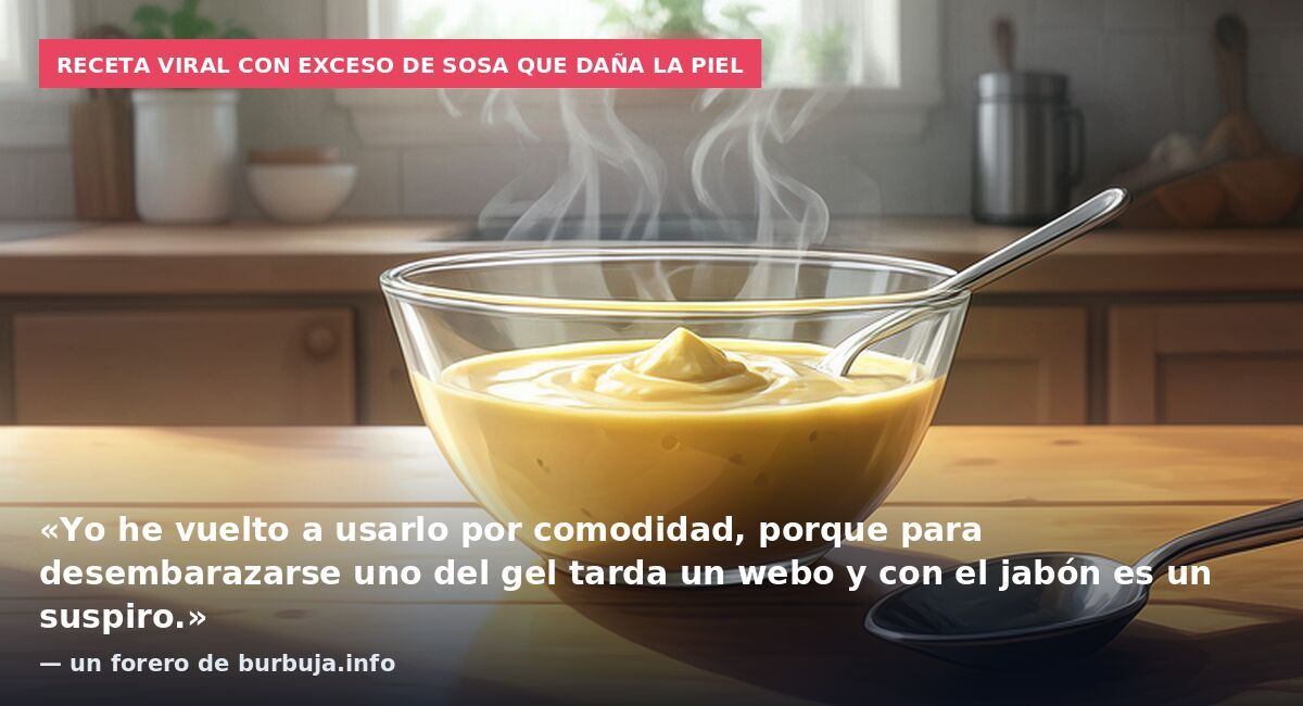 Receta viral con exceso de sosa que daña la piel: «Yo he vuelto a usarlo por comodidad, porque para desembarazarse uno del gel tarda un webo y con el jabón es un suspiro.» — un forero de burbuja.info