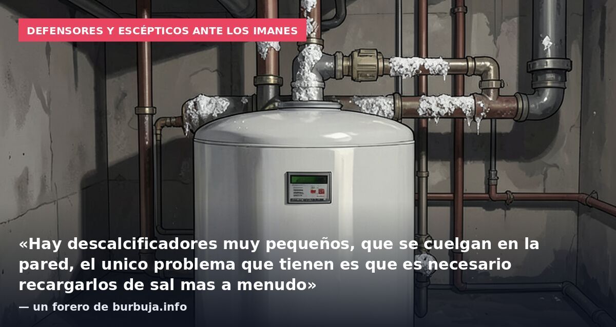 Defensores y escépticos ante los imanes: «Hay descalcificadores muy pequeños, que se cuelgan en la pared, el unico problema que tienen es que es necesario recargarlos de sal mas a menudo» — un forero de burbuja.info