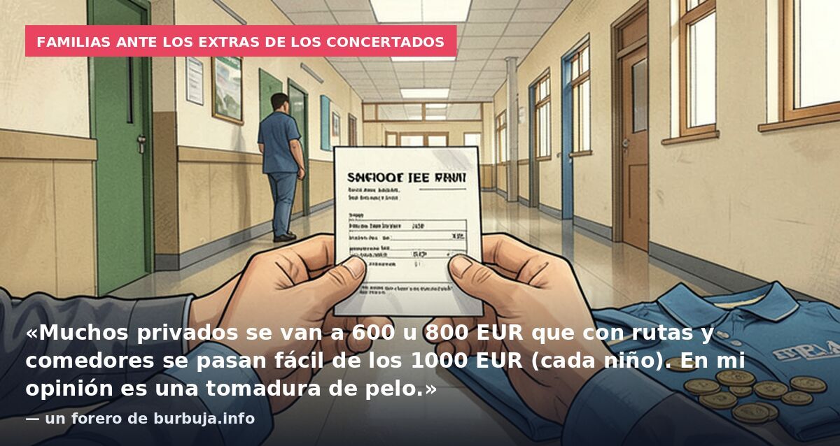Familias ante los extras de los concertados: «Muchos privados se van a 600 u 800 EUR que con rutas y comedores se pasan fácil de los 1000 EUR (cada niño). En mi opinión es una tomadura de pelo.» — un forero de burbuja.info