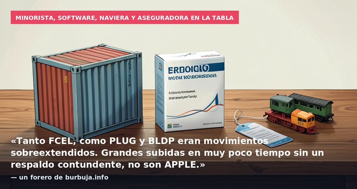 Minorista, software, naviera y aseguradora en la tabla: «Tanto FCEL, como PLUG y BLDP eran movimientos sobreextendidos. Grandes subidas en muy poco tiempo sin un respaldo contundente, no son APPLE.» — un forero de burbuja.info