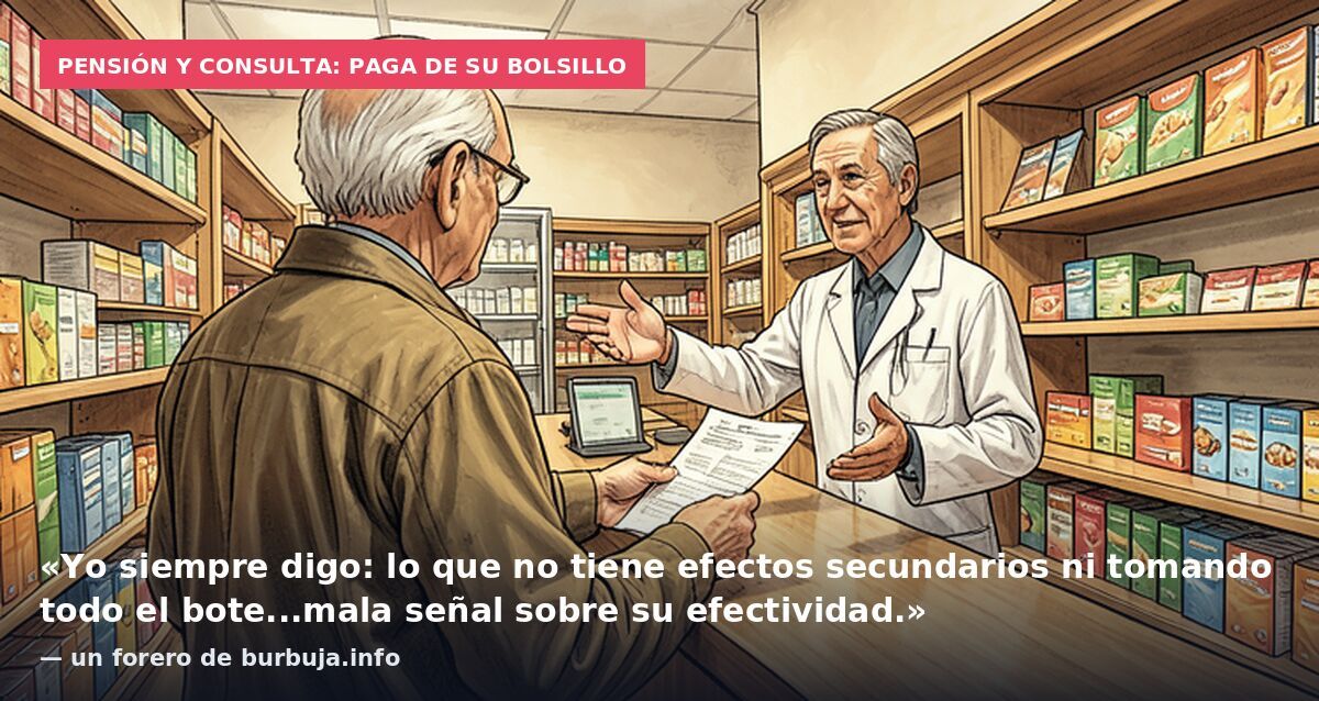 Pensión y consulta: paga de su bolsillo: «Yo siempre digo: lo que no tiene efectos secundarios ni tomando todo el bote...mala señal sobre su efectividad.» — un forero de burbuja.info