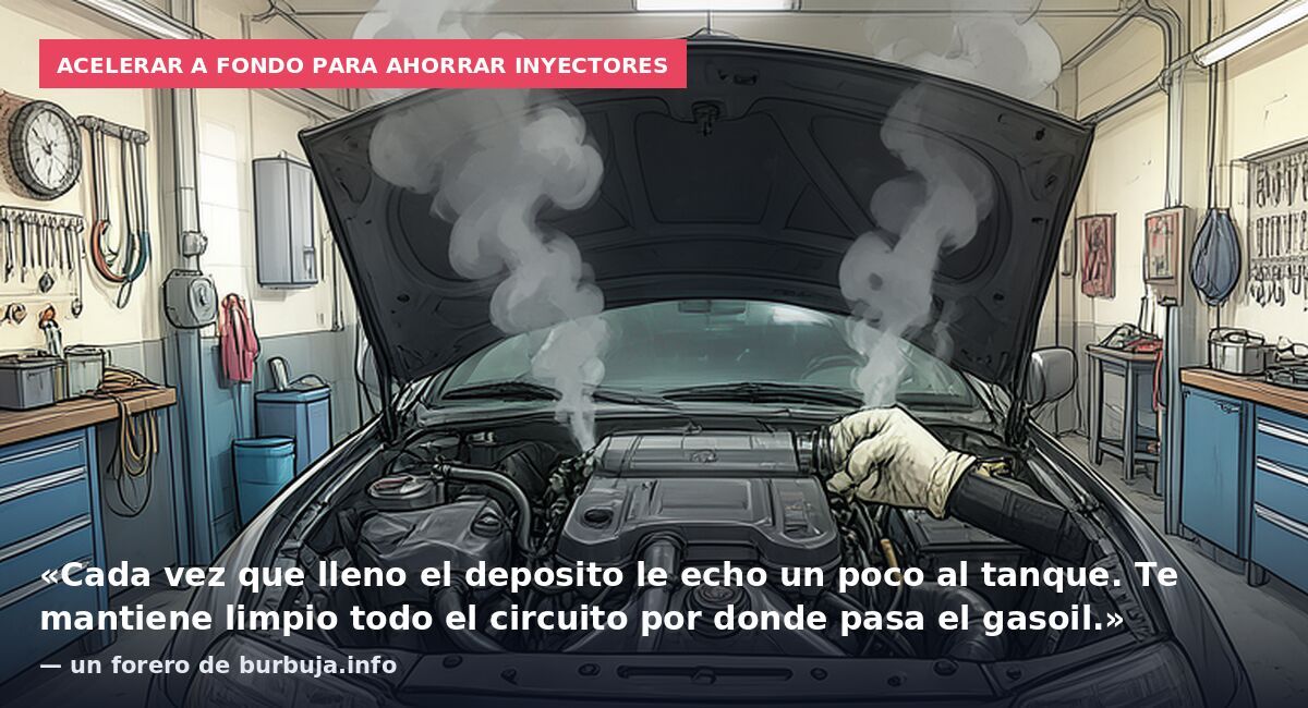 Acelerar a fondo para ahorrar inyectores: «Cada vez que lleno el deposito le echo un poco al tanque. Te mantiene limpio todo el circuito por donde pasa el gasoil.» — un forero de burbuja.info