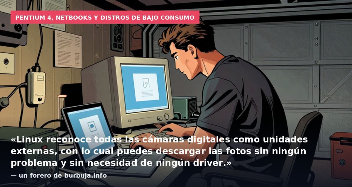 Pentium 4, netbooks y distros de bajo consumo: «Linux reconoce todas las cámaras digitales como unidades externas, con lo cual puedes descargar las fotos sin ningún problema y sin necesidad de ningún driver.» — un forero de burbuja.info