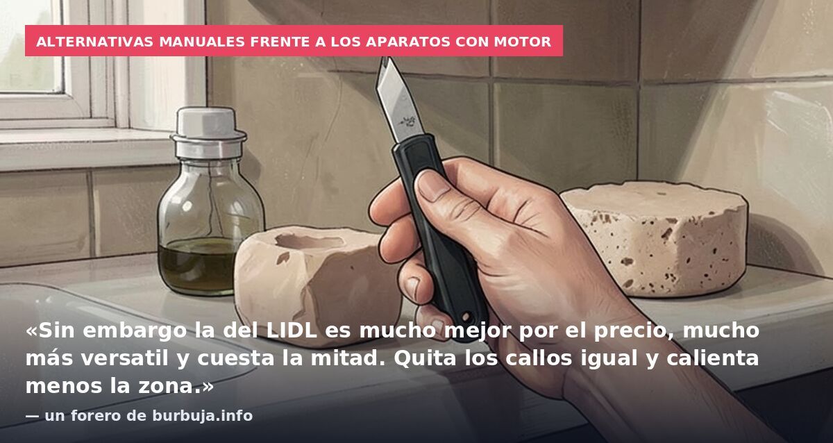 Alternativas manuales frente a los aparatos con motor: «Sin embargo la del LIDL es mucho mejor por el precio, mucho más versatil y cuesta la mitad. Quita los callos igual y calienta menos la zona.» — un forero de burbuja.info