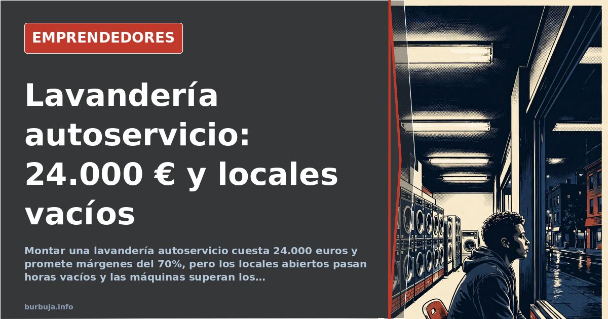 Interior de una lavandería autoservicio con lavadoras y secadoras industriales alineadas y un cartel de precios por lavado