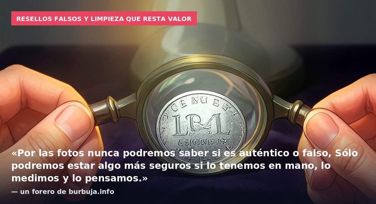 Resellos falsos y limpieza que resta valor: «Por las fotos nunca podremos saber si es auténtico o falso, Sólo podremos estar algo más seguros si lo tenemos en mano, lo medimos y lo pensamos.» — un forero de burbuja.info